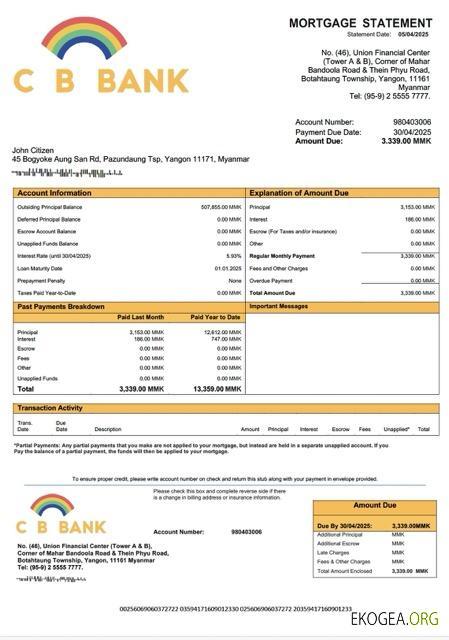 Modèle Word et PDF de relevé hypothécaire de la Myanmar CB Bank